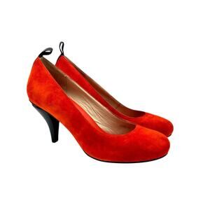 Ask Alice Red Heels Pumps Size 7.5 Fire Red Suede w/ Black Leather Designer